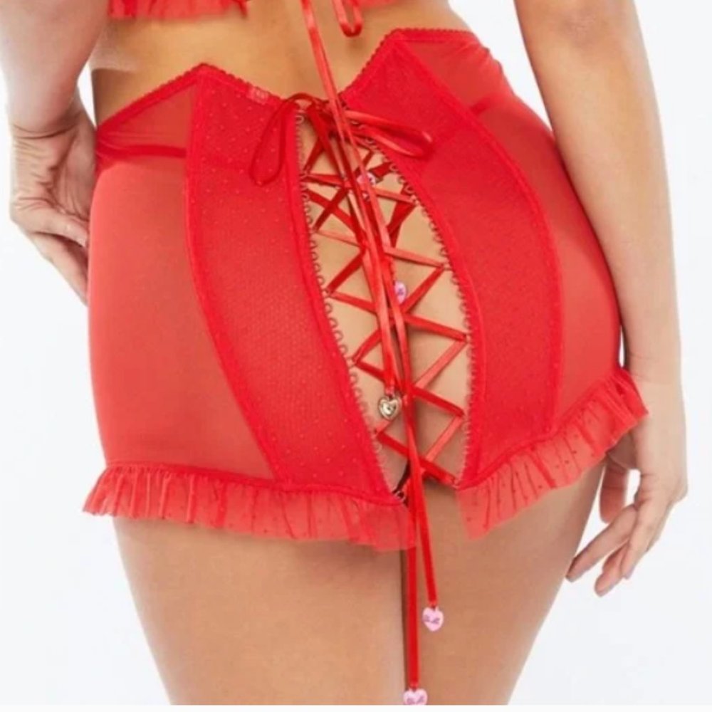 Red Candy Hearts Dotted Mesh Open Back Skirt